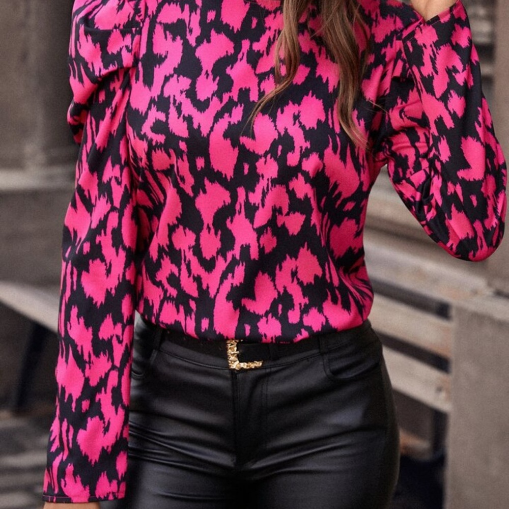 Pink & Black Ruffle shoulder, long sleeve blouse size large